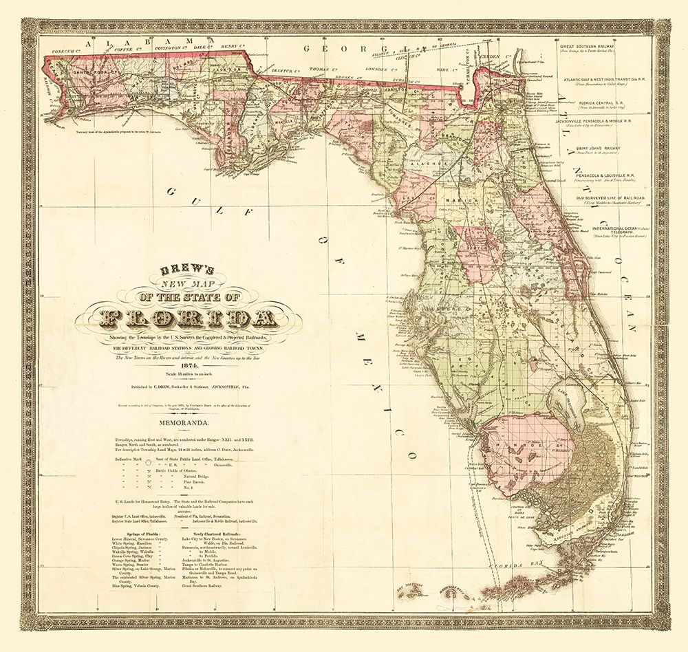 Florida Railroads - Drew 1874