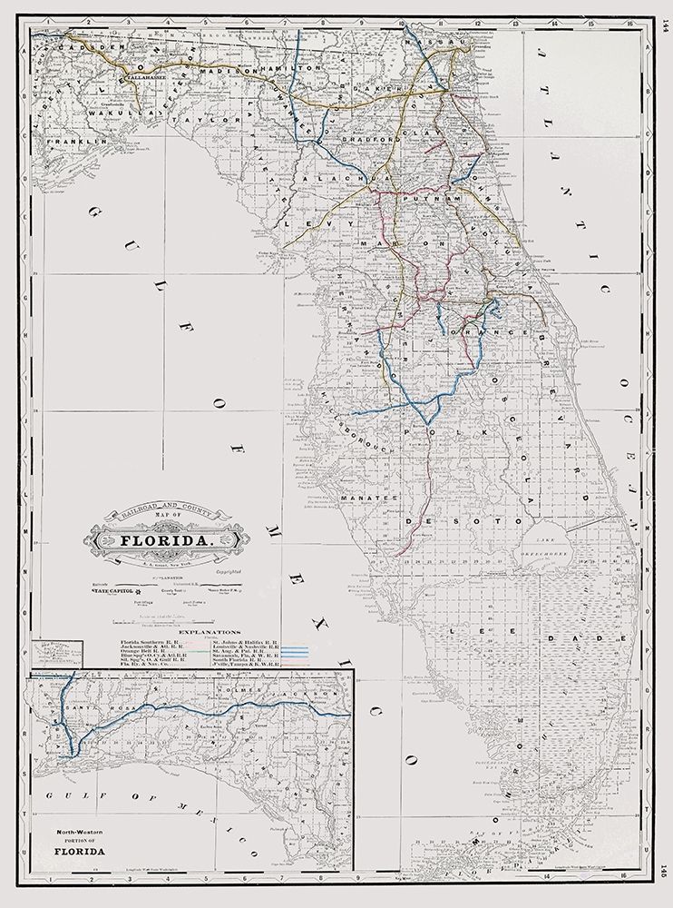 Florida State Railway and Counties - Grant 1889