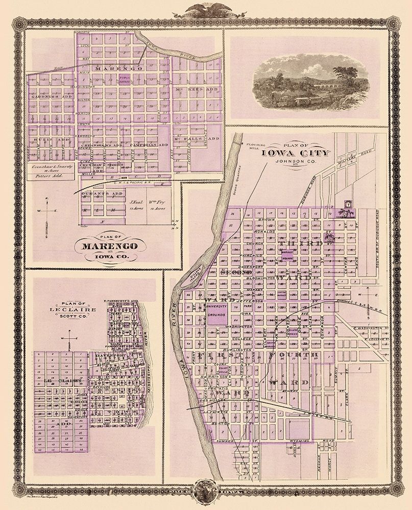 Iowa City, Marengo, Le Claire Iowa - Shober 1875