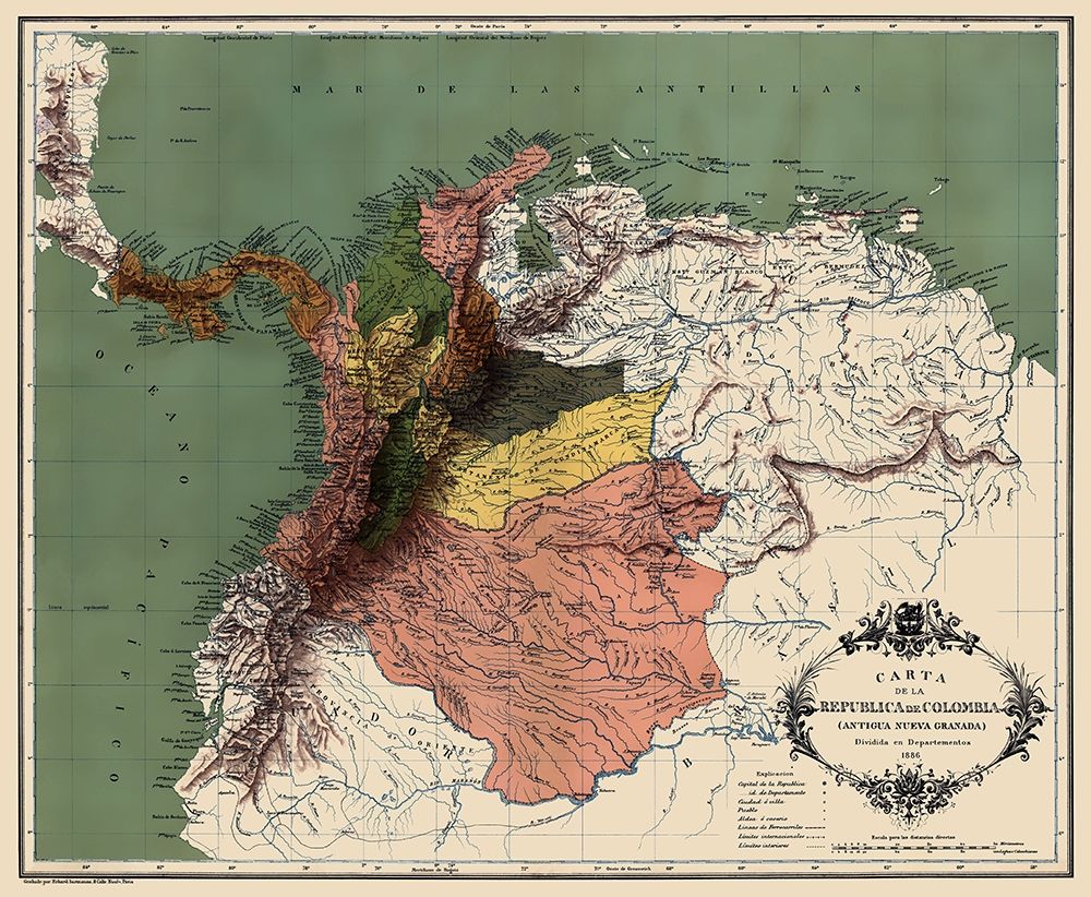 South America Republic of Colombia - Lahure 1886
