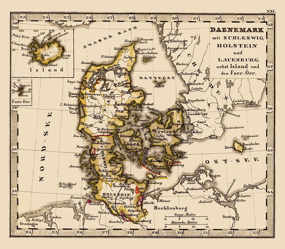 Scandinavia Denmark Iceland - Stieler 1852