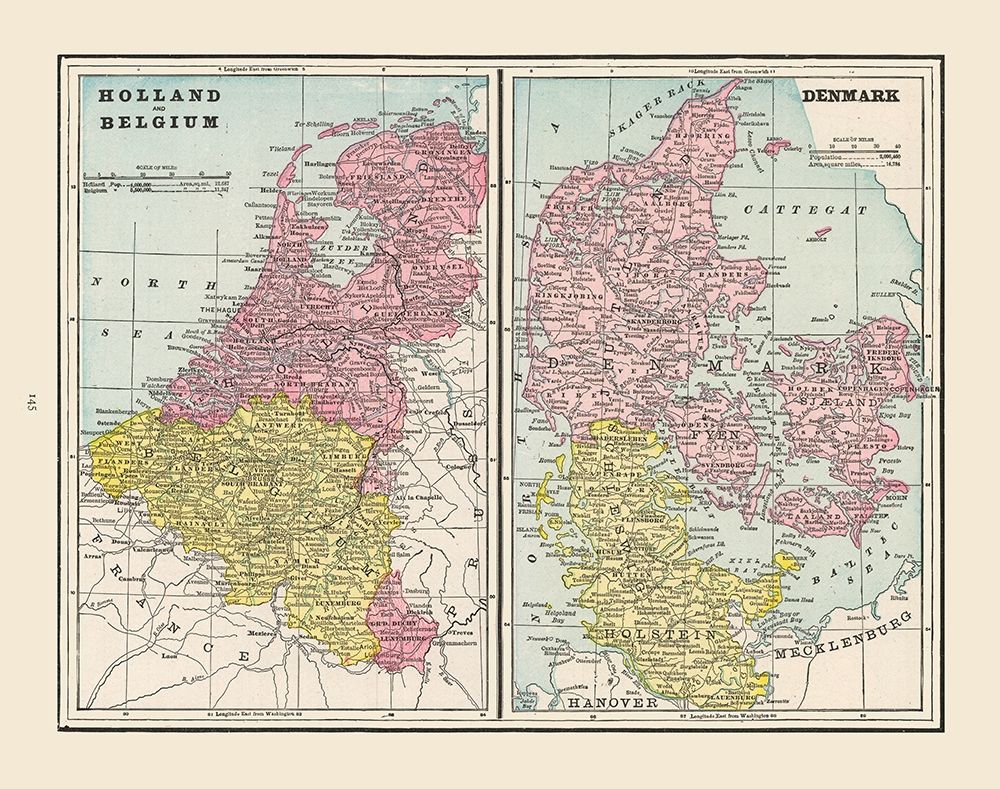 Europe Holland Belgium Denmark - Cram 1892