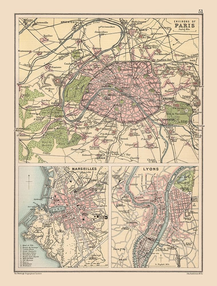 Paris Marseilles Lyons France - Bartholomew 1892