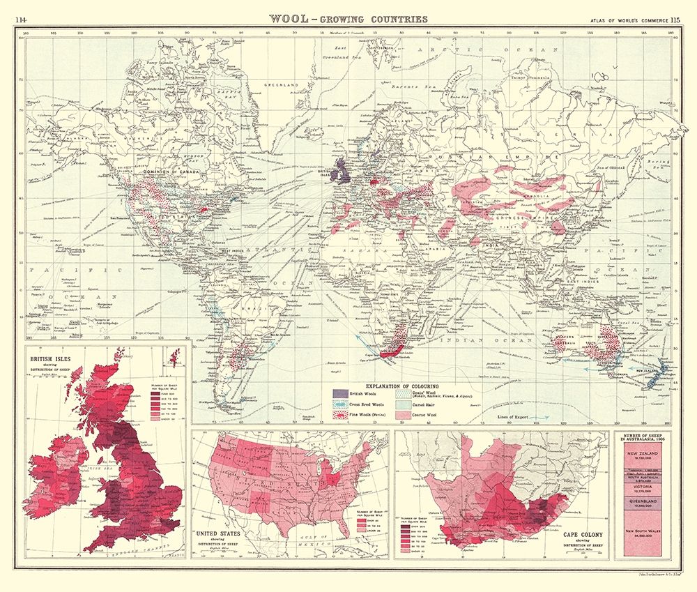 Global Wool Growing Countries - Bartholomew 1907