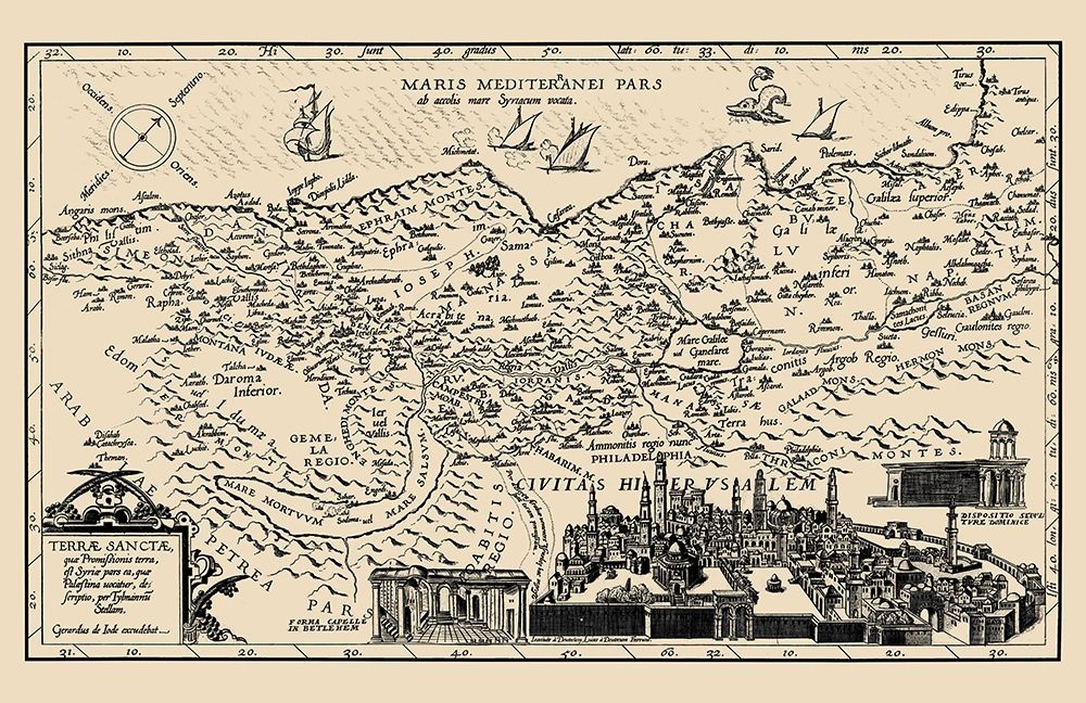 Holy Land with Jerusalem Israel - De Jode 1578