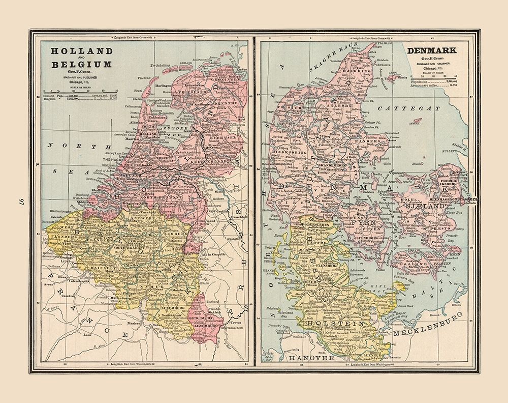 Europe Holland Belgium Denmark - Cram 1888