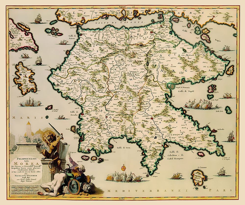Peloponnese Peninsula Greece - Visscher 1681