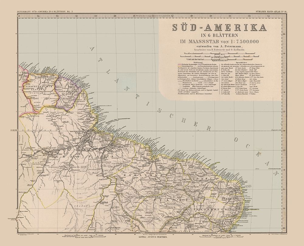 South America Brazil Suriname - Stieler 1885