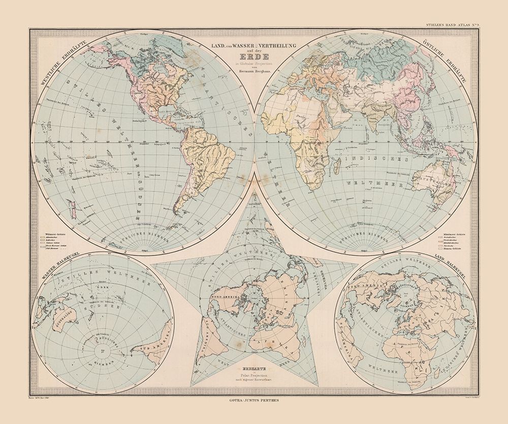 Land Water Distribution Earth - Stieler 1885
