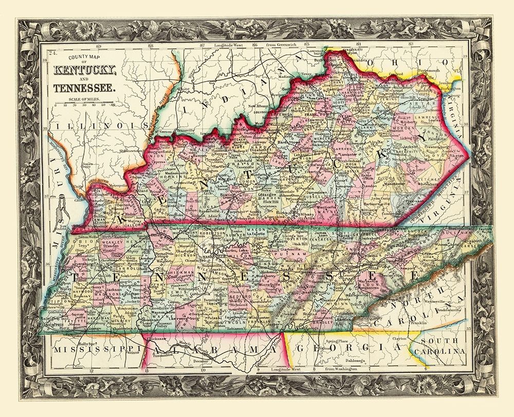 Kentucky, Tennessee Counties - Mitchell 1860