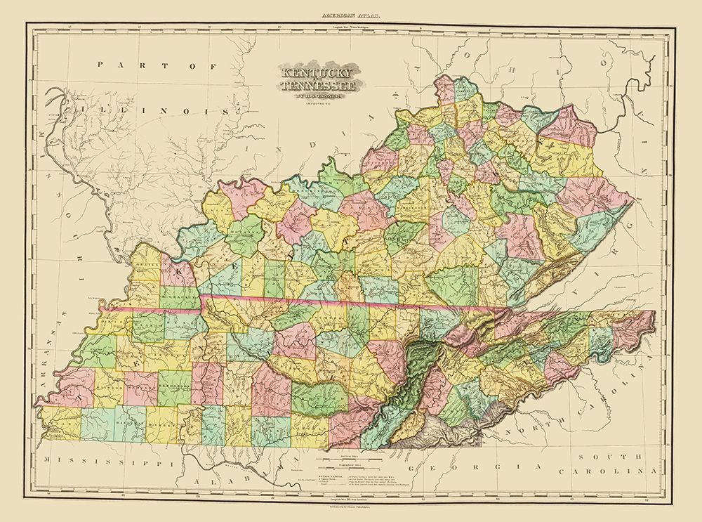 Kentucky, Tennessee Counties - Tanner 1825