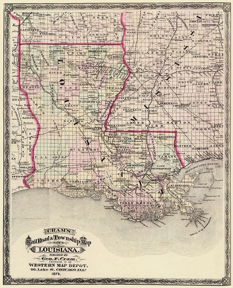 Louisiana Railroad and Townships - Cram 1875