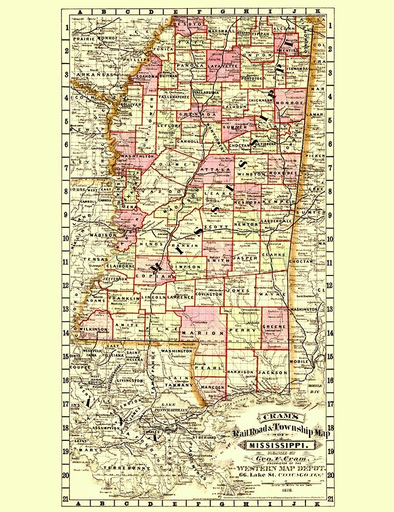 Mississippi Railroad and Townships - Cram 1878