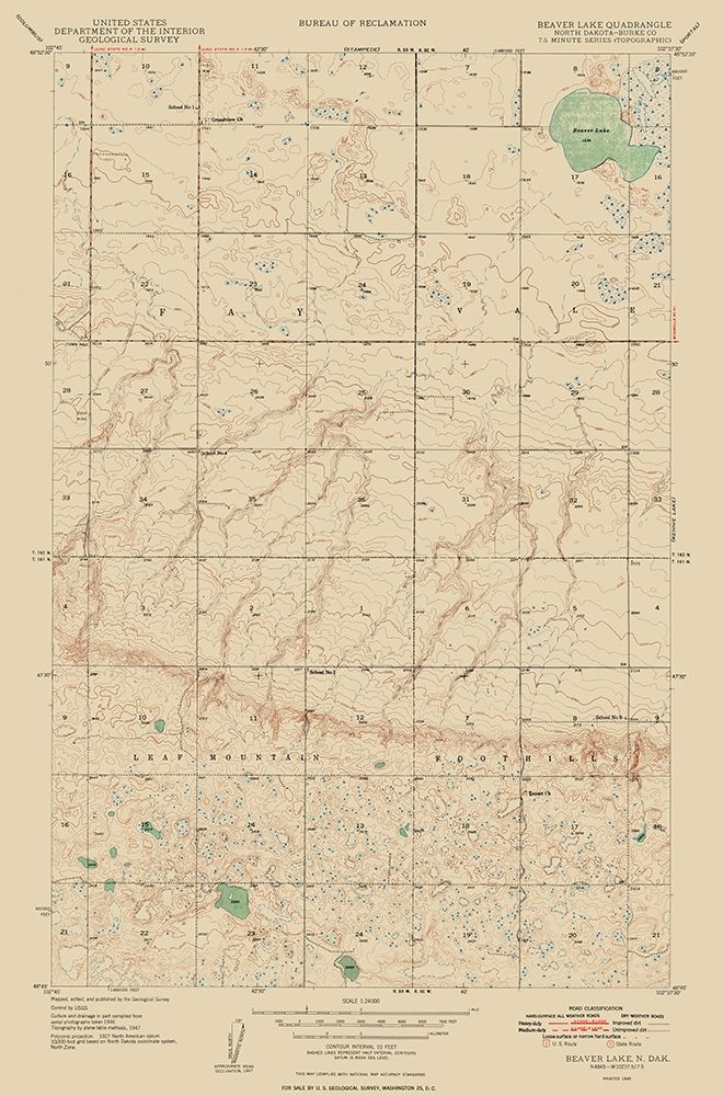 Beaver Lake North Dakota Quad - USGS 1948