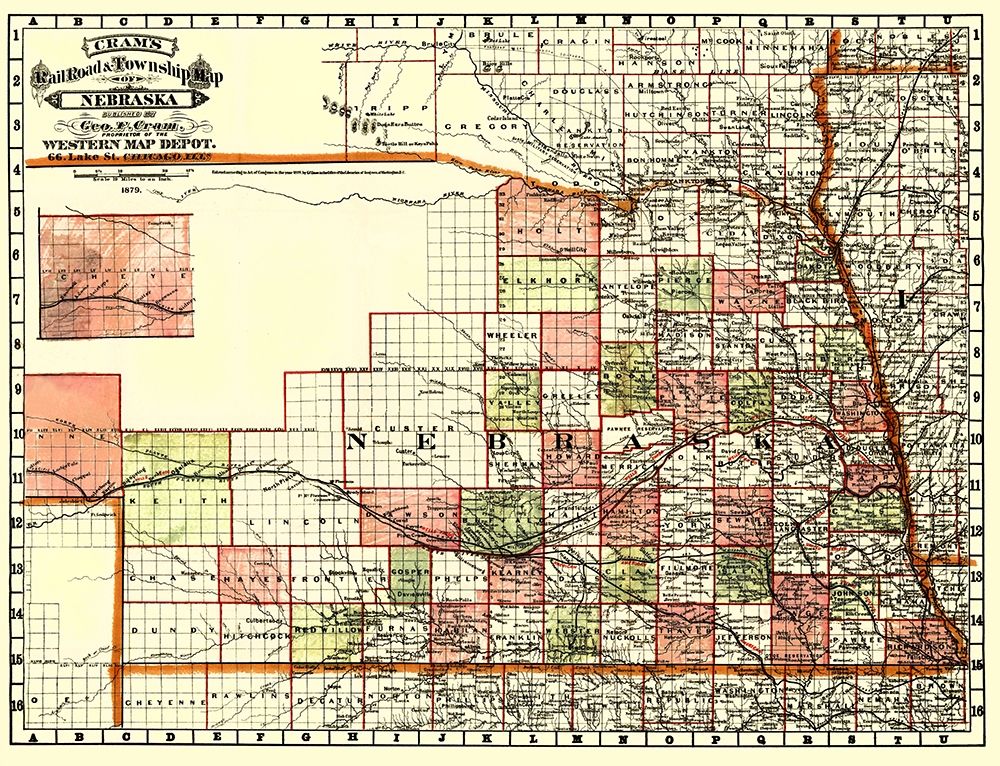 Nebraska Railroads and Townships - Cram 1879