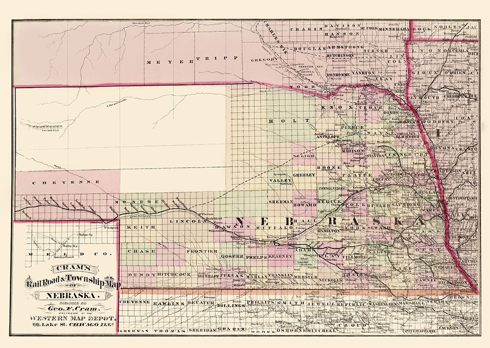 Nebraska Railroad and Townships - Cram 1875