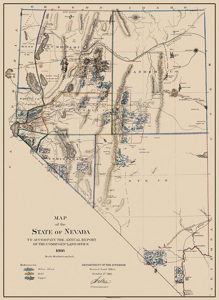 Gold Silver Copper Mines Nevada - USGS 1866