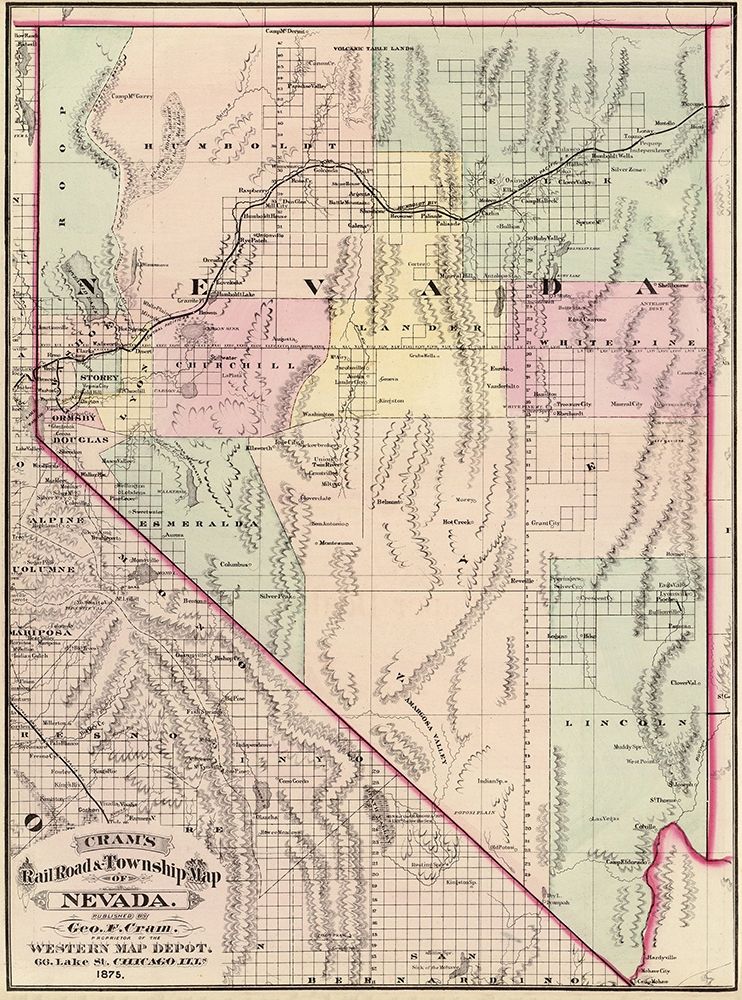 Nevada Railroads and Townships - Cram 1875