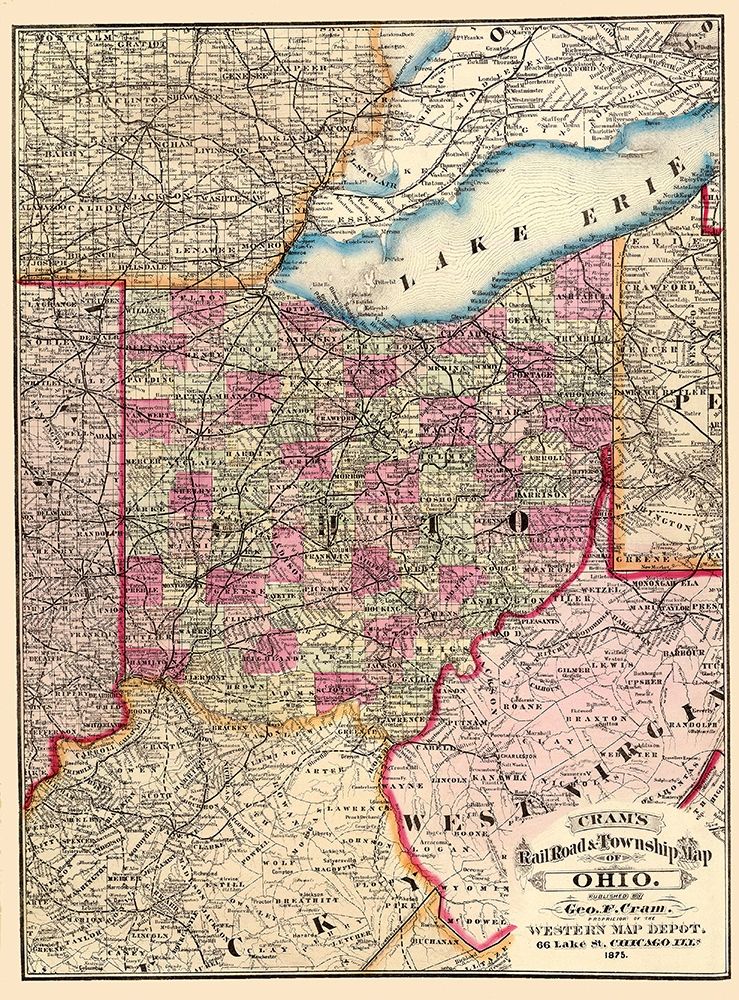 Ohio Railroads and Townships - Cram 1875