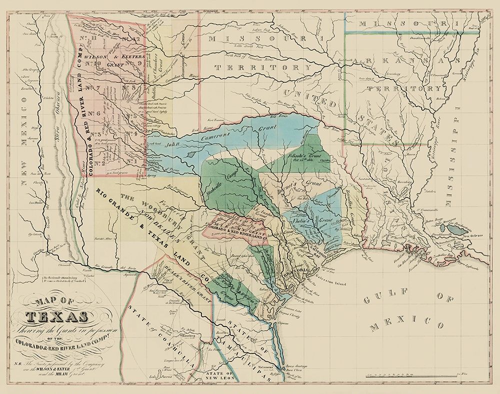 Texas, Colorado, with Red River Land Grants 1821