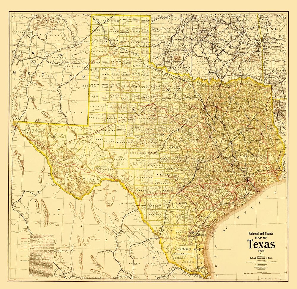 Railroad and County Map of Texas - 1908