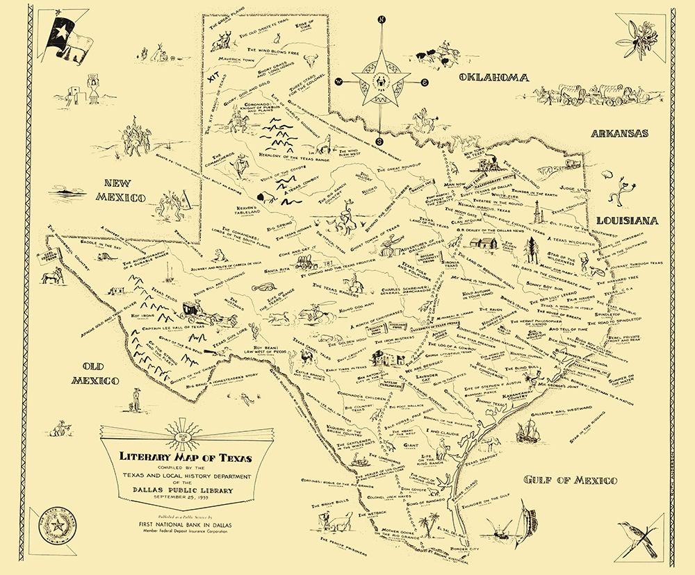 Texas Literary Map - National Bank of Dallas 1955