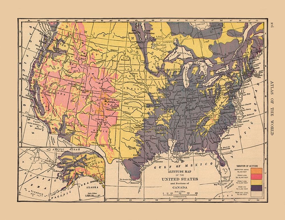 Altitude Map of US, Canada - Hammond 1910