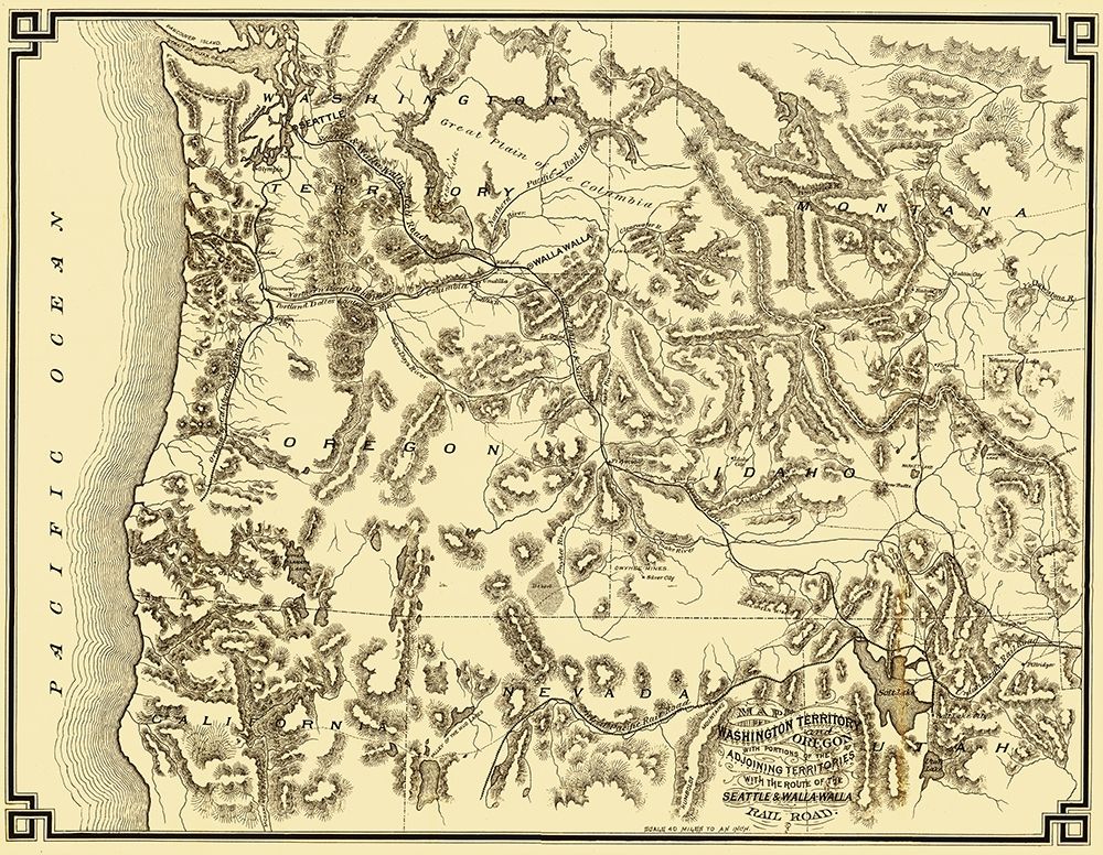 Washington and Oregon with Rail Routes - 1874