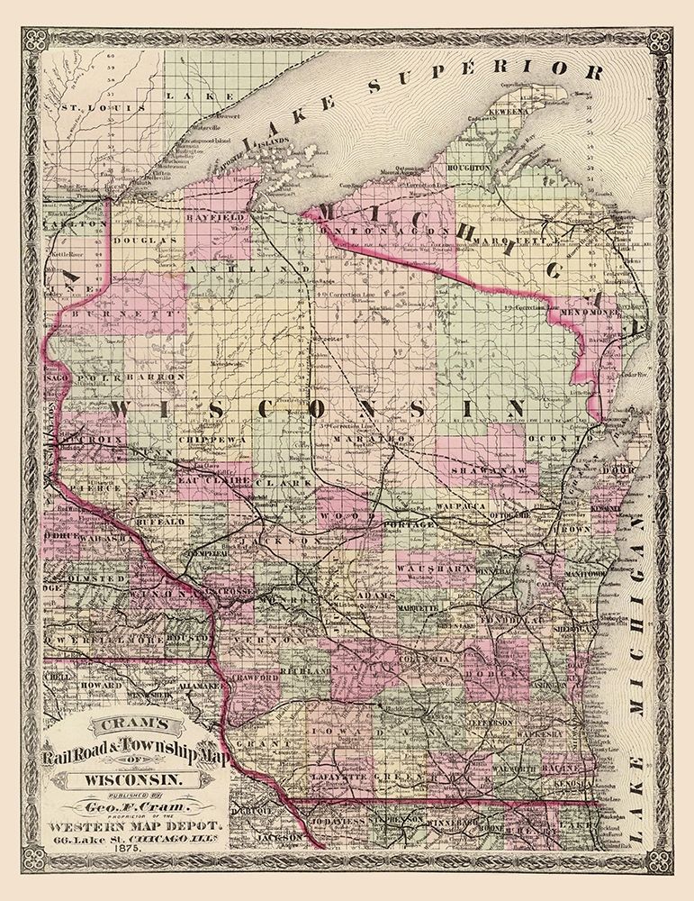 Wisconsin Railroads and Townships - Cram 1875
