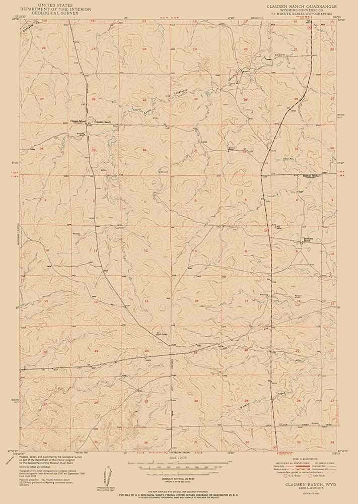 Clausen Ranch Wyoming Quad - USGS 1950