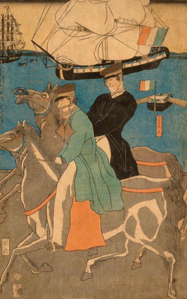 French men taking horse ride on Sunday in Yokohama (Yokohama kyujitsu Furansujin uma yuko), 1861