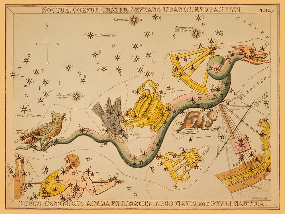 Noctua, Corvus, Crater, Sextans Uraniae, Hydra, Felis, Lupus, Centaurus, Antlia Pneumatica, Argo Nav
