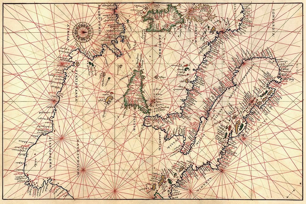 Portolan Map of Italy, Sicily, North Africa and the Mediterranean
