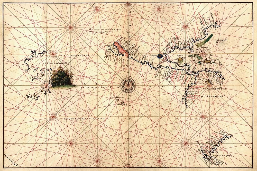Portolan Map of the Western Hemisphere showing what will become the United States, Panama and a port