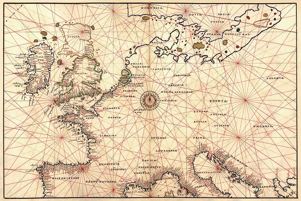 Portolan Map of Spain, England, France, Germany, The British Isles
