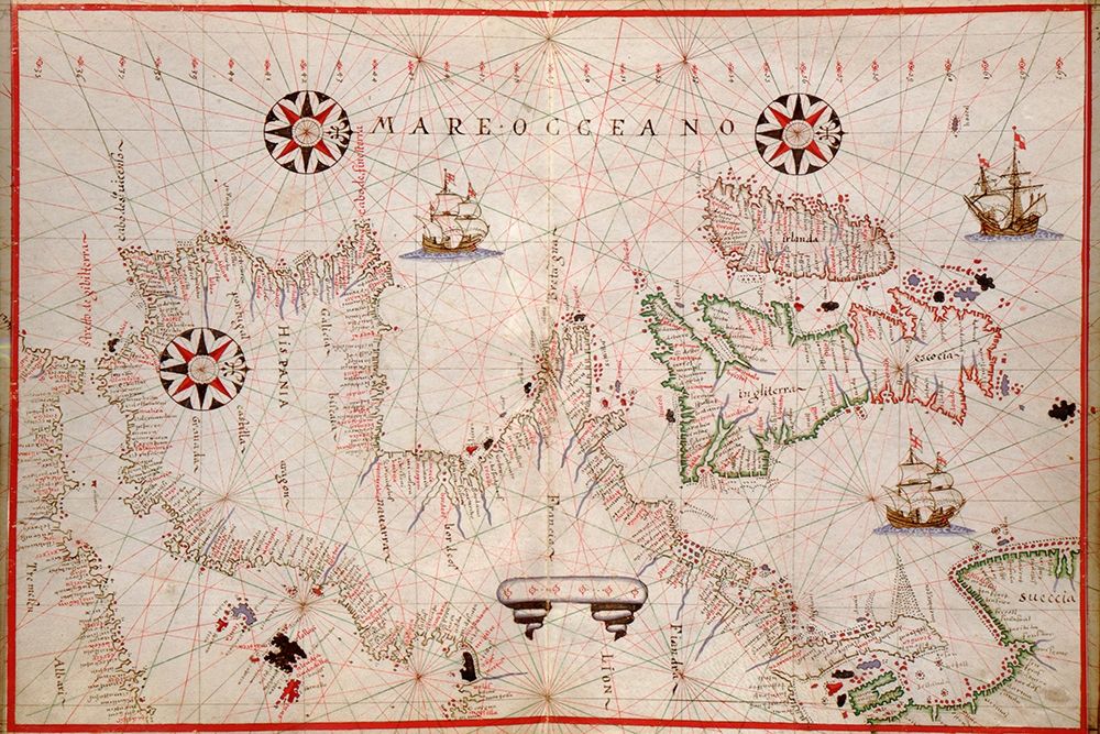 Portolan Map of Spain, England, Ireland and France