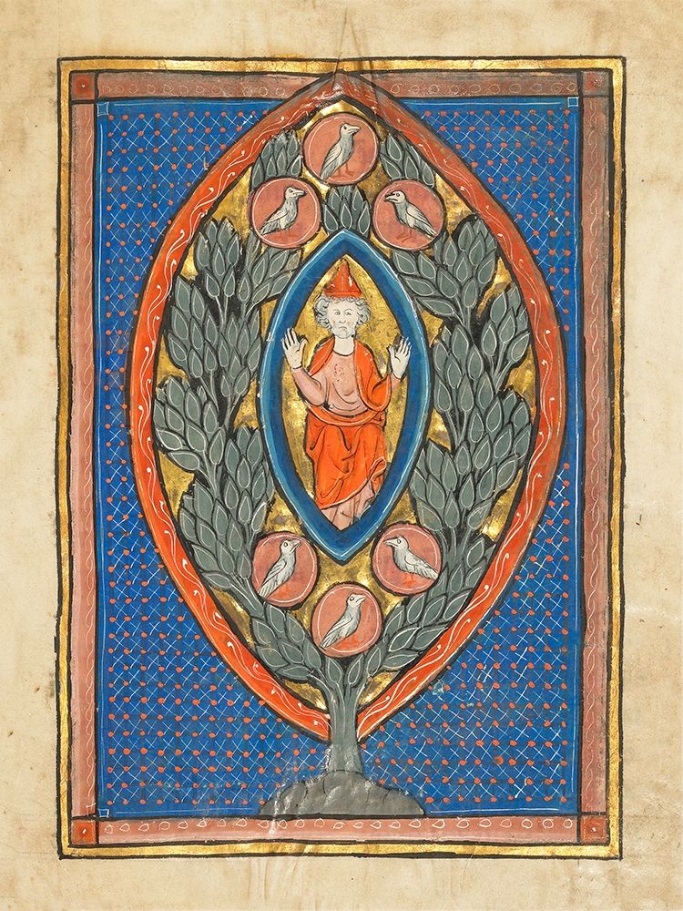 A Man Enthroned within a Mandorla in a Tree