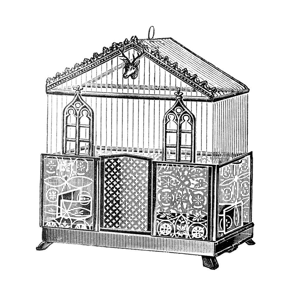 Etchings: Birdcage - Peaked top, patterned base, windows and deer head detail.
