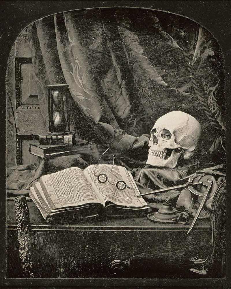 Still Life with Skull, Open Book with Glasses, and Hourglass