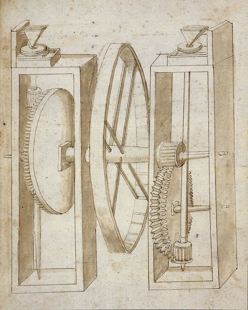 Two mills with wheel between