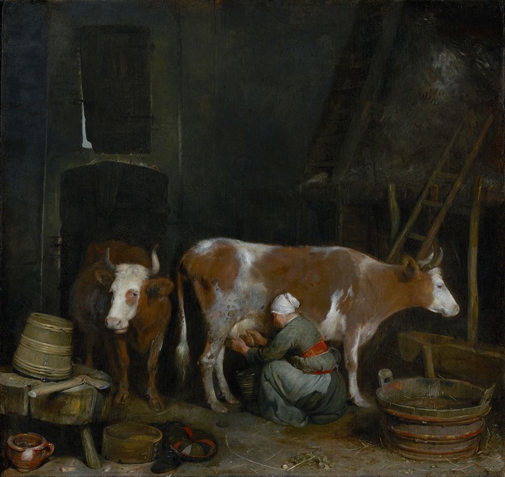 A Maid Milking a Cow in a Barn