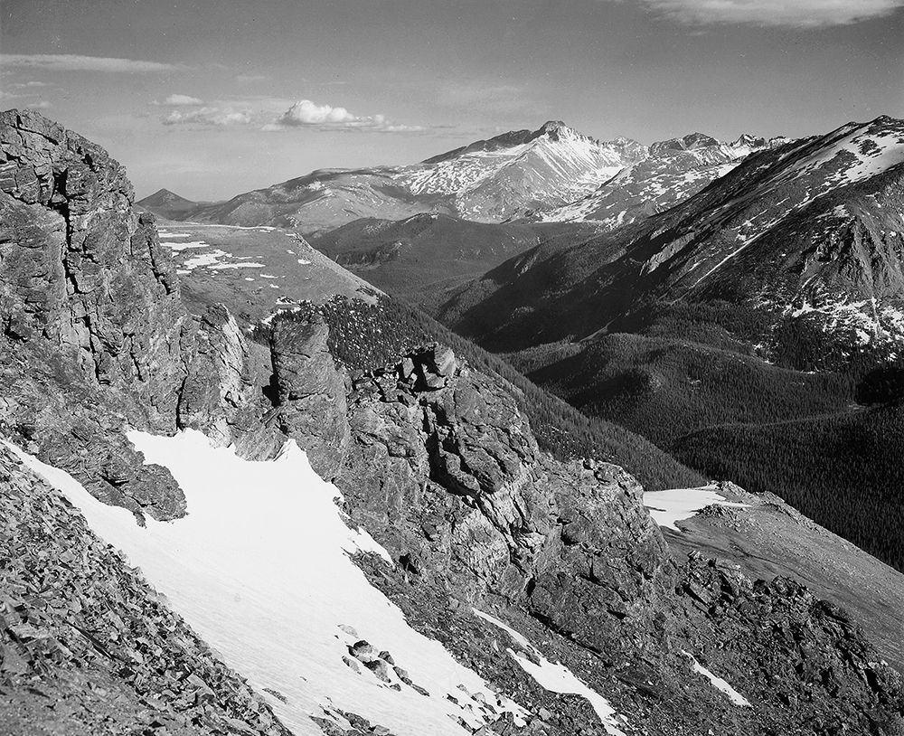 View of barren mountains with snow,  in Rocky Mountain National Park, Colorado, ca. 1941-1942