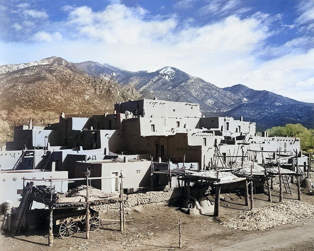 Full view of city-mountains in background-Taos Pueblo National Historic Landmark Color