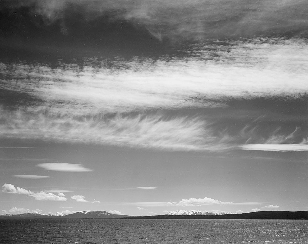 Lake, narrow strip of mountains, low horizon, Yellowstone Lake, Yellowstone National Park, Wyoming,