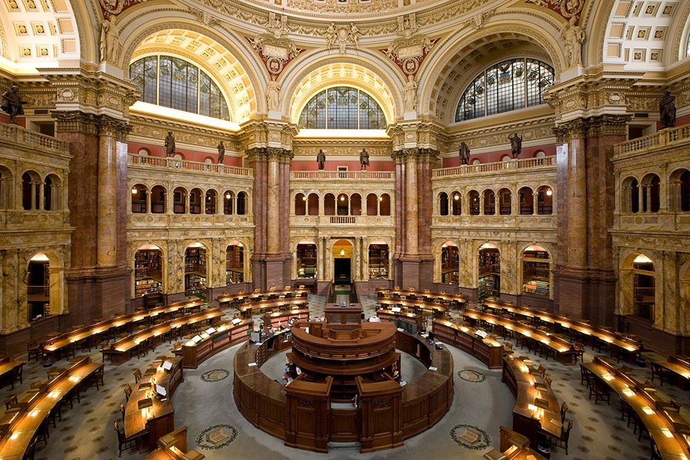 Main Reading Room. View from above showing researcher desks. Library of Congress Thomas Jefferson Bu