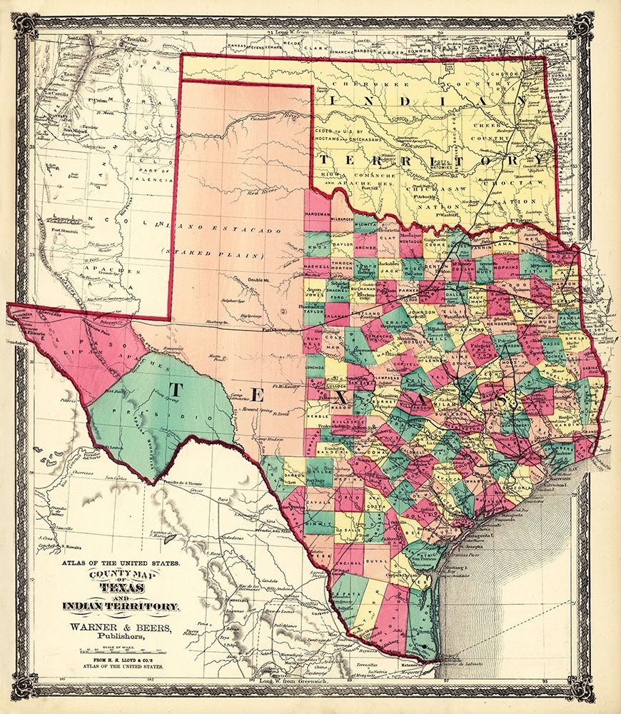 County Map of Texas, and Indian Territory, 1874
