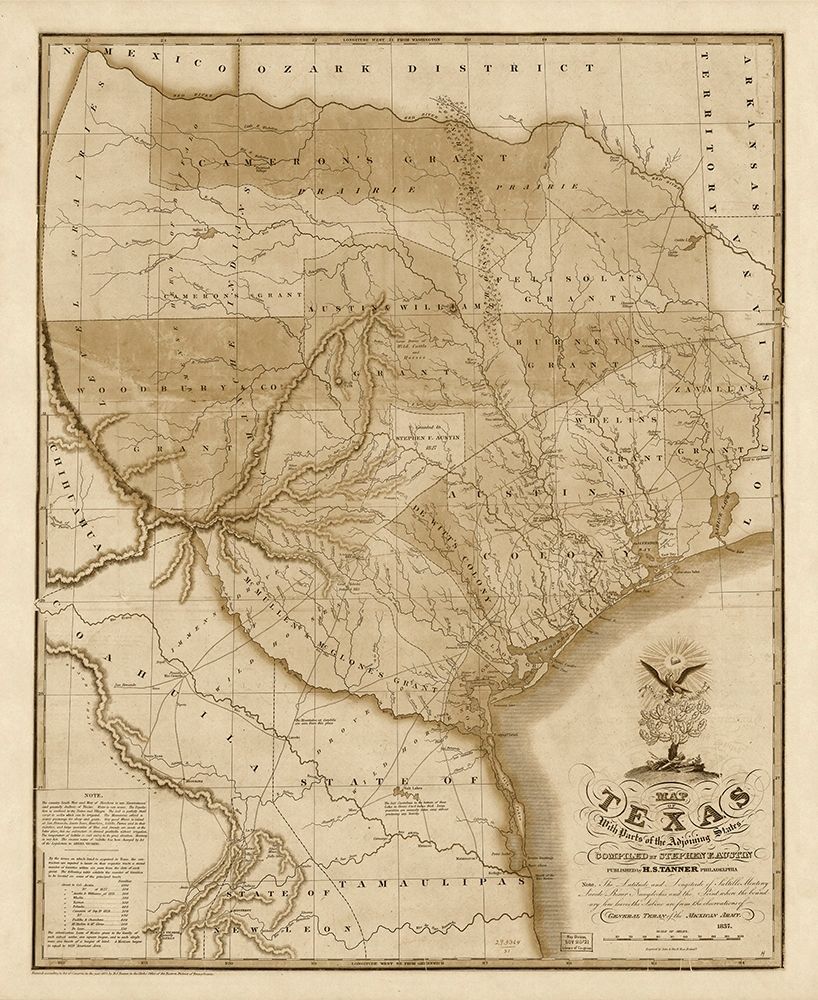 Map of Texas with parts of the adjoining states, 1837 - Decorative Sepia