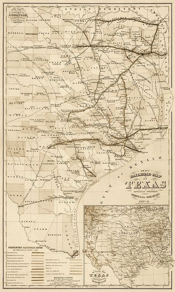 Grays railroad map of Texas - Decorative Sepia