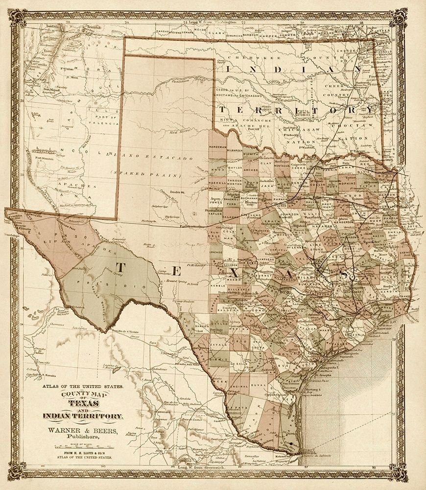 County Map of Texas, and Indian Territory, 1874 - Decorative Sepia