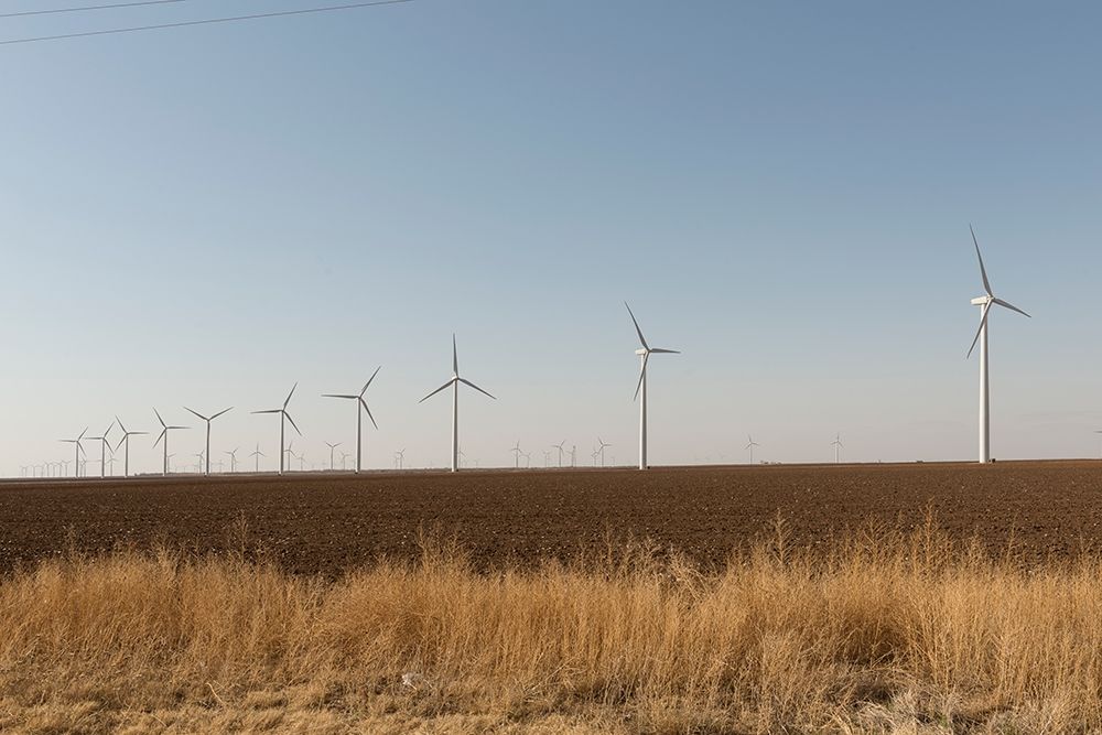 A wind-turbine farm near the city of Snyder in Scurry County, TX